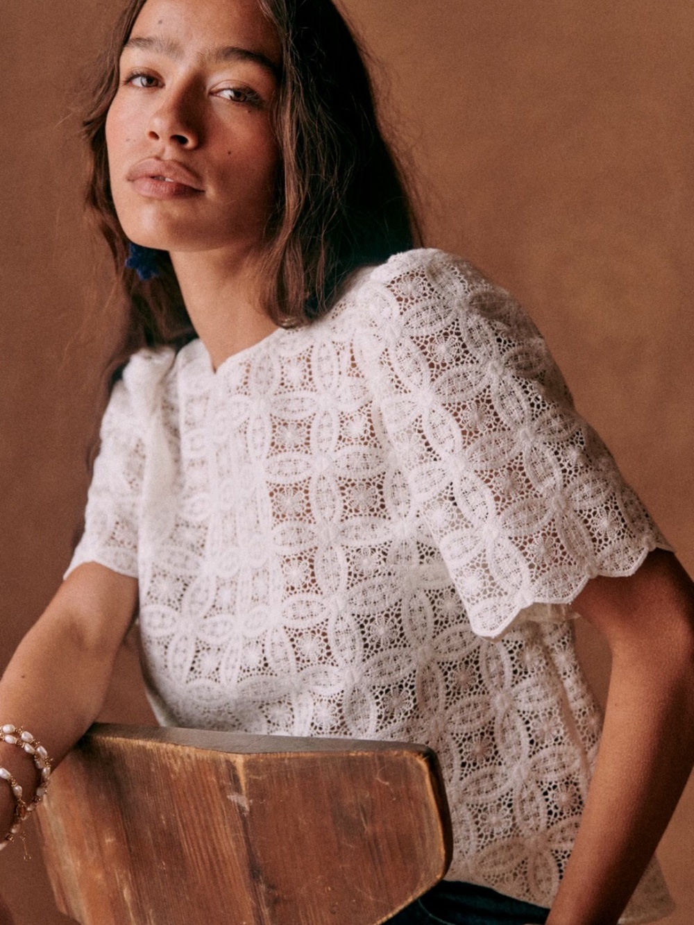 Sezane White Lace Short Sleeve LILO Blouse - Picture 2 of 8